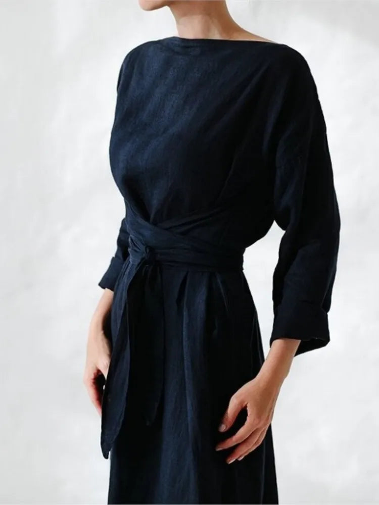 Fall Long Sleeve Loose Cotton Linen Dress Women 2024 Fashion Casual Solid New Lace-up Bow Maxi Dresses Elegant Vestidos