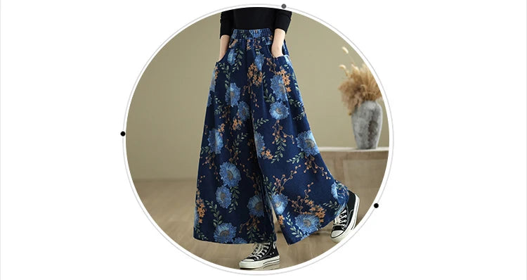NYFS 2025 New Summer Vintage Print Woman Jeans Loose Plus size Trousers Elastic Waist Denim Wide Leg Pants
