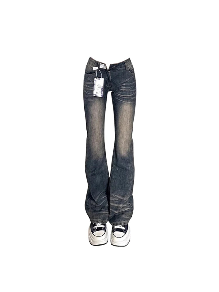 Women's Grey Flare Jeans Vintage Korean High Waist Cowboy Pants Harajuku Denim Trousers 90s Aesthetic Y2k Emo 2000s Clothes 2024