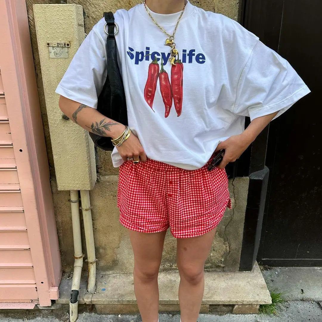 Women's Summer Basic Y2K T-Shirt Chili/ Fig/ Ocean/ Lamp Print Casual Short Sleeve Tops for Streetwear Aesthetic Clothes