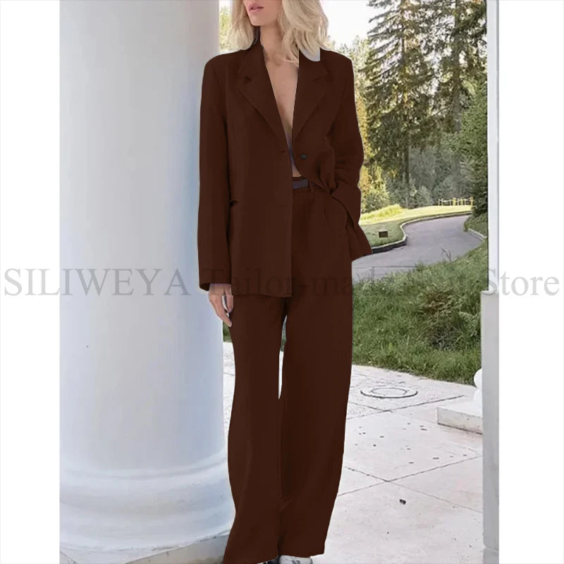 Elegant Light Blue Linen Women Suit Single Brested Jacket Pants 2 Piece Female Clothing Loose Casual Office Lady Balzer Set