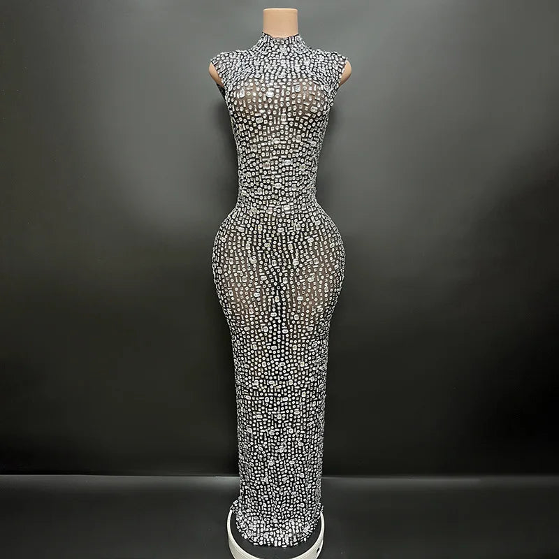 Sexy Full Drill Elastic Slim Fit Sleeveless Long Dress - Hip Wrap, For Host Stage Catwalk & Engagement Evening High-Slit Dresses
