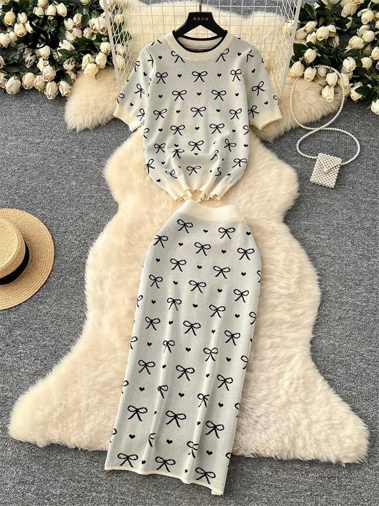 SINGREINY Newest Summer Knitting Suits O Neck Basic Tops+High Waist Sheath Long Skirt Bow Print Chic Casual Women 2pcs Sets