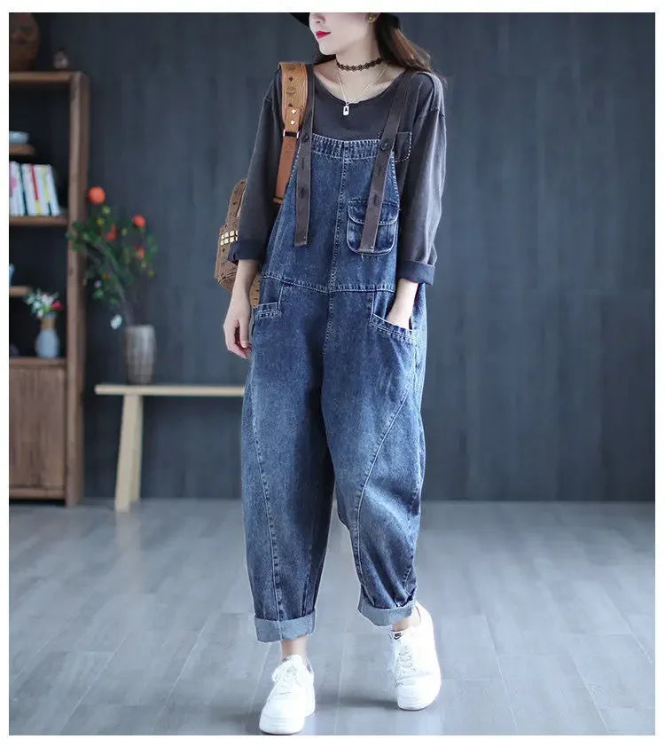 Loose Casual Denim Overalls Women's Wide Leg Pants Harem Jumpsuits Ageless plus Size New 2025 Fashion from Mainland China