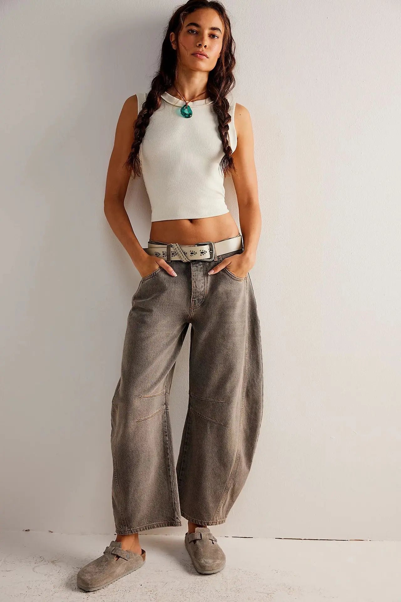 Women Loose Mid Waist Jeans Denim Full Length Pants Sexy Fashion Solid Color Trousers Denim Pockets Bleached