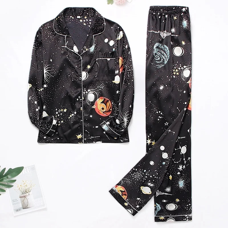 Spring Autumn pajama women Silk Satin pajamas set Long sleeve Shirt with Trouser Sleepwear Loungewear Female Pyjamas Suits Mujer