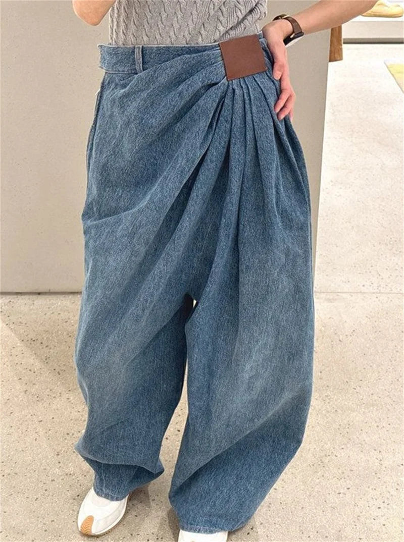 Limiguyue Luxury Brand Loose Pleated Casual Wide Leg Jeans Women Spring Autumn Mid Waist Denim Trousers Washed Long Pants 231A