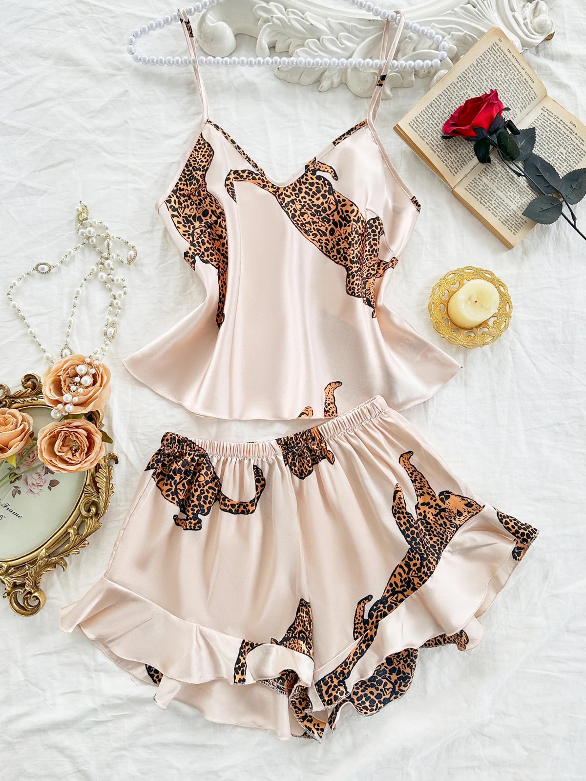2-Piece Leopard Print Pajama Set Sexy and Casual Halter Shorts Women's Sleepwear
