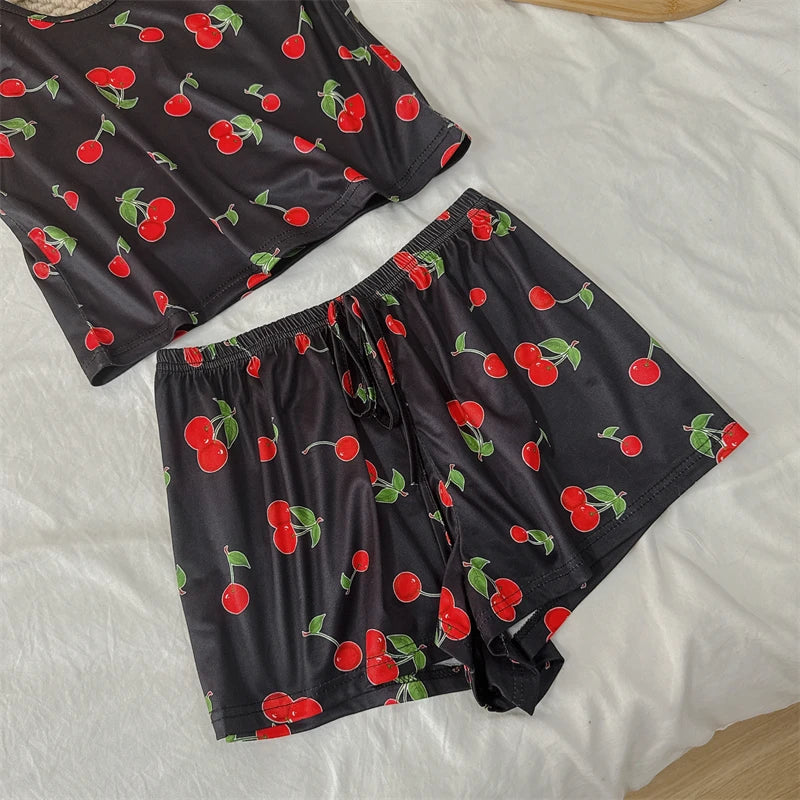 Summer Women's Cherry Print Pajama Set Sexy Ice Silk Sleeveless Vest and Shorts Girls Casual Cute Printed Sleepwear for Lounging