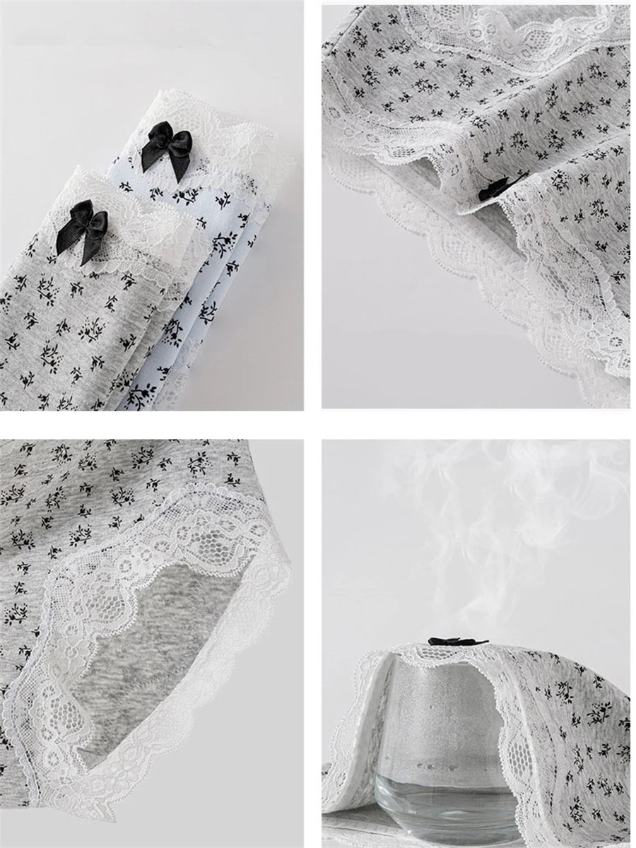 3Pcs Floral Cotton Crotch Panties Women's Underwear Cute Bow Brief Mid Waist Breathable Sexy Lace Female Lingerie Panties