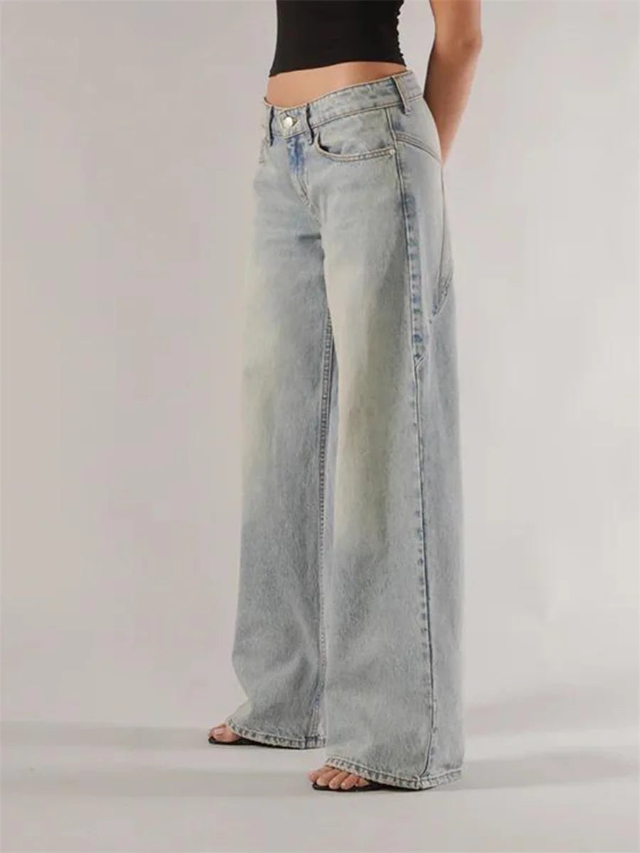 Women's Fall Jeans with Pockets Fashion Loose Fit Casual Solid Low Rise Wide Leg Denim Pants