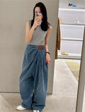 Limiguyue Luxury Brand Loose Pleated Casual Wide Leg Jeans Women Spring Autumn Mid Waist Denim Trousers Washed Long Pants 231A