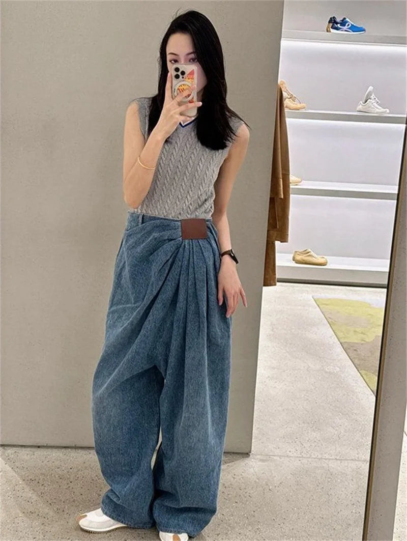 Limiguyue Luxury Brand Loose Pleated Casual Wide Leg Jeans Women Spring Autumn Mid Waist Denim Trousers Washed Long Pants 231A