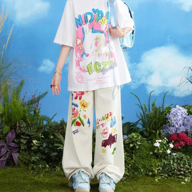 Kawaii Cartoon Young Style Sweet Summer Straight Jeans Women Printing Pockets Zipper Fashion Loose High Waist Wide Leg Trousers