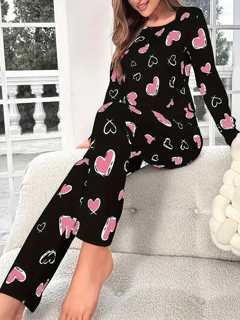 Heart Print Ribbed Frill Trim Pajama Set for Women Sleepwear Knitted Round-Neck Loose Tops Elastic Long Pants Loungewear