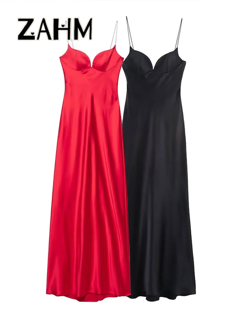 Sexy Satin Long Sling Dress Women Square Collar Sleeveless Backless Pleated Dresses Female 2026 Spring Lady Party Evening Robes