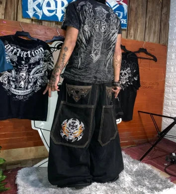 Street American skull pattern pocket printed high waist jeans summer casual niche trend fashionable hip-hop wide-leg trousers
