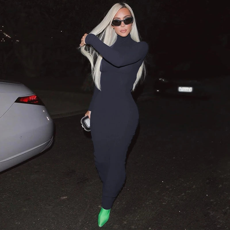 Fall Women Fashion Elegant  Solid Turtleneck Long Sleeve Sexy Bodycon Maxi Prom Dress  Outfit Evening Party Club