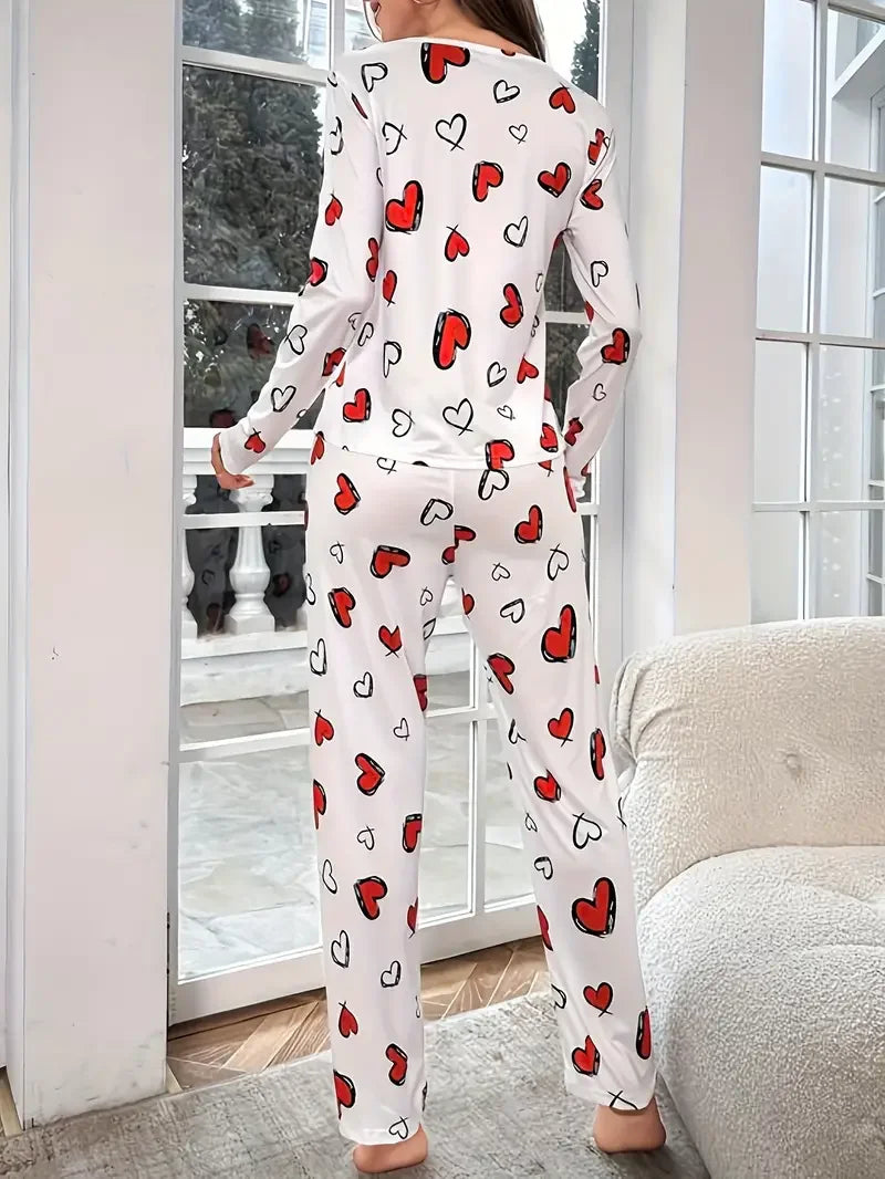 Heart Print Ribbed Frill Trim Pajama Set for Women Sleepwear Knitted Round-Neck Loose Tops Elastic Long Pants Loungewear