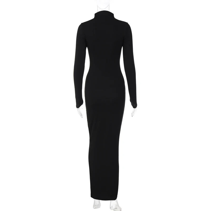 Fall Women Fashion Elegant  Solid Turtleneck Long Sleeve Sexy Bodycon Maxi Prom Dress  Outfit Evening Party Club