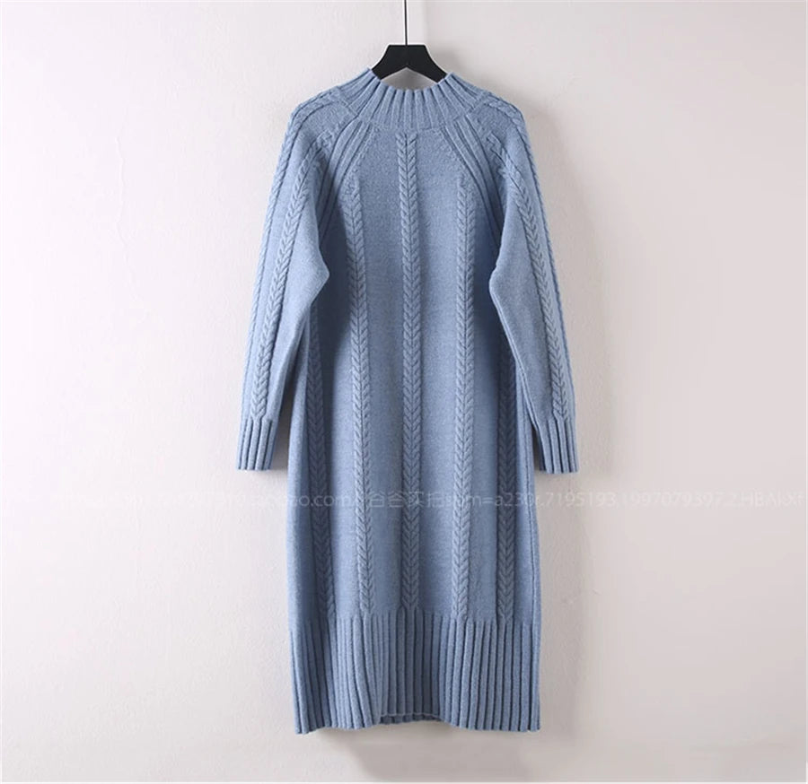 Winter Thicken Plush Velvet Lined Sweater Dress Women's Fall Half Turtleneck Rib Knit Bottom Dresses Elegant Warm Vestido Midi