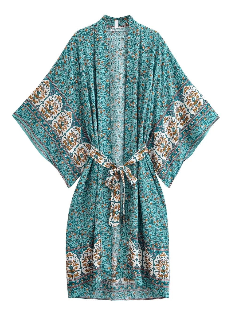 Happie Queens Women  Floral Print Sashes  Bohemian Kimono Ladies V Neck Batwing Sleeves Boho Maxi Dress Robe Bikini Cover-ups