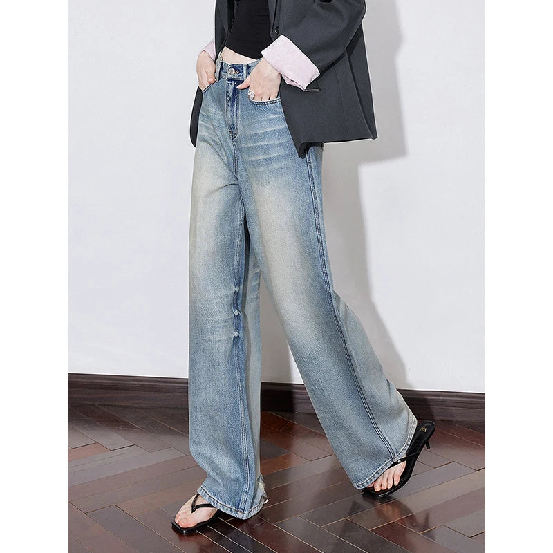 TOYOUTH Women Denim Jeans 2025 Spring New Mid Waist Wide Leg Straight Casual Long Pants
