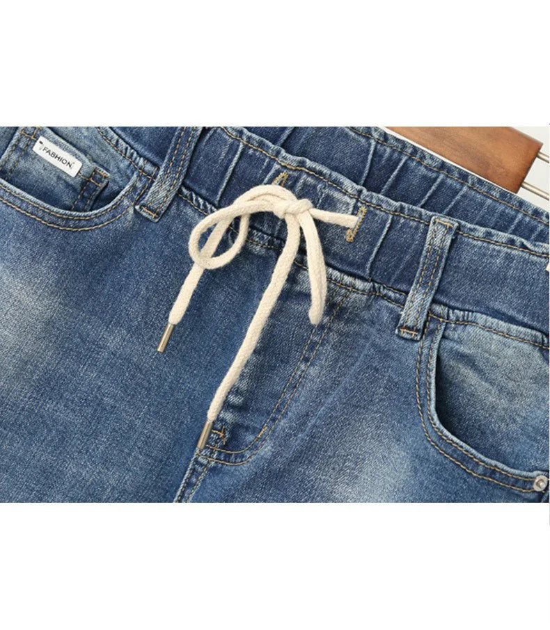 Spring summer Large size jeans women's stretch fat sister nine-point pants were thin high waist pants Big 5xl 6XL