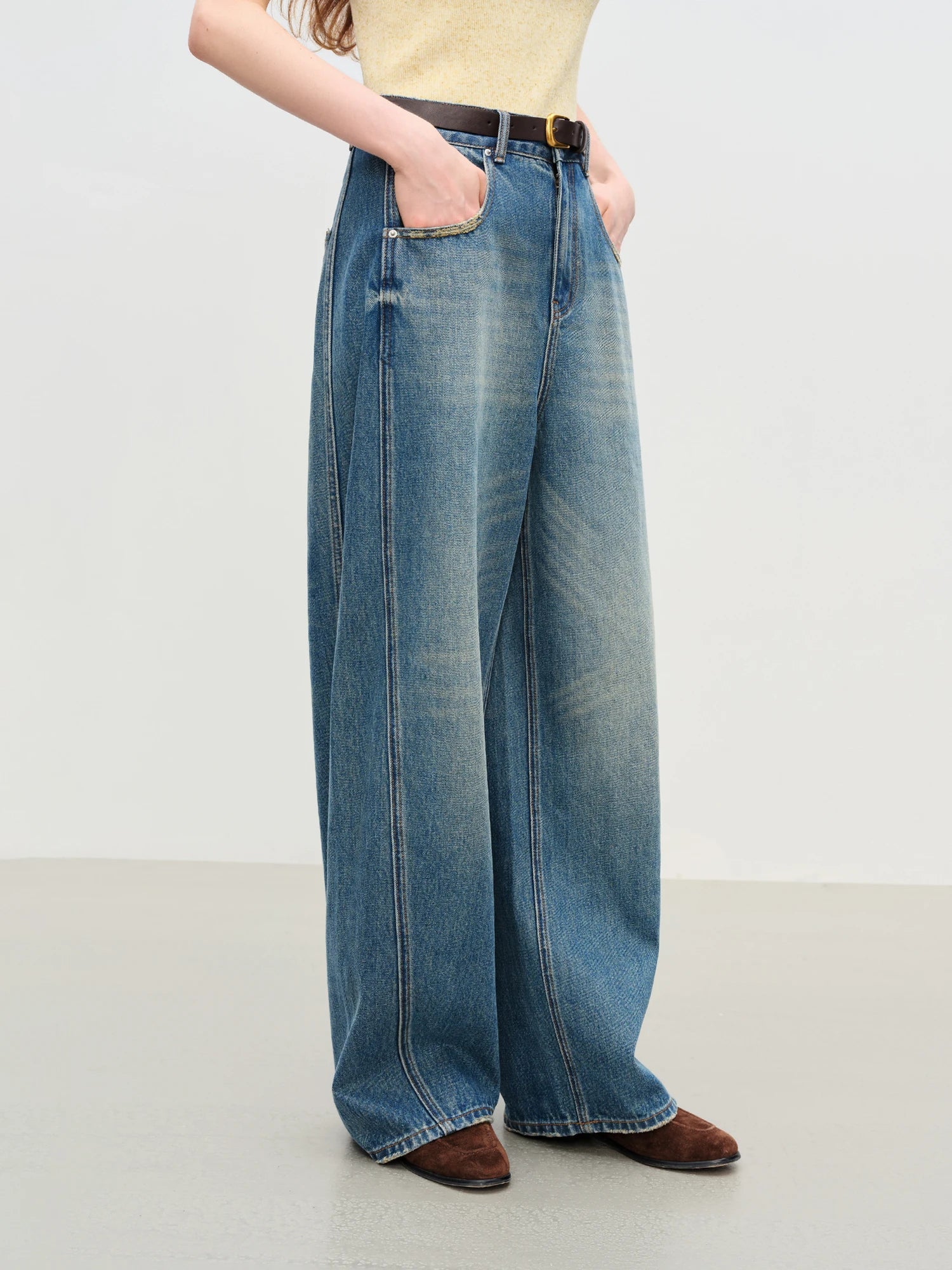 FSLE【Premium Series】New Women Retro Loose Flare Jeans High Waist Vintage Denim Pants Autumn Wide Leg Y2K Streetwear With Belt