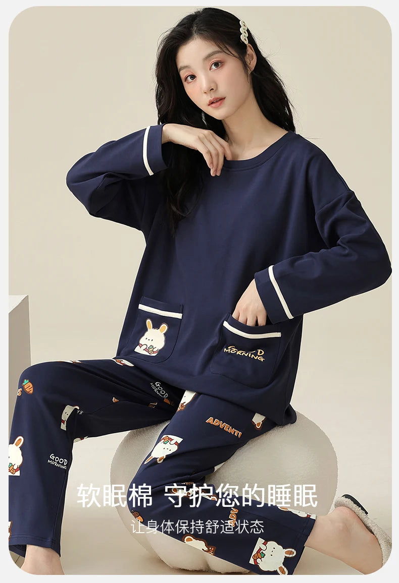 SUKAE M-5XL Big Size Women Pajama Set Autumn Winter New Cotton Long Sleeves Woman Sleepwear Casual Girl Pijama Cartoon Nightwear