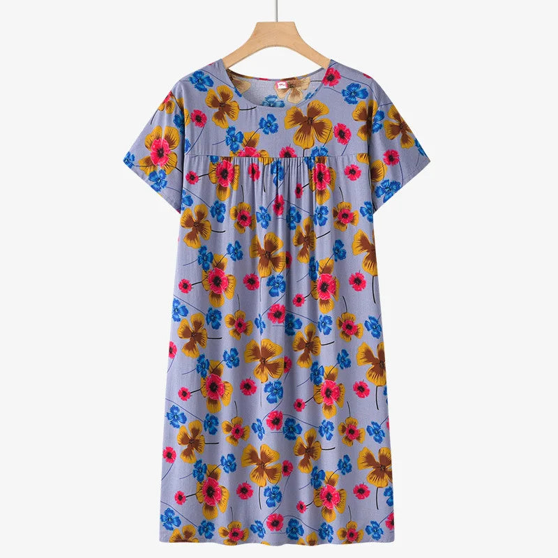 Middle-Aged and Elderly Cotton Silk Short-Sleeved Nightgown Homewear Women New Pajamas Thin Section Loose Homewear Dress Summer