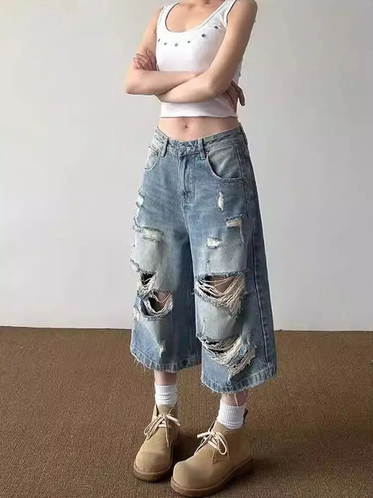 HOUZHOU Vintage Ripped Baggy Short Jeans Women Grunge Distressed Oversized Jorts Y2k Retro Punk Streetwear Wide Leg Denim Shorts