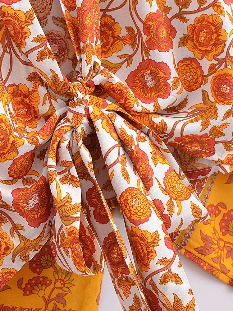 Vintage Women Fashion Boho Kimono Short Robe Swimsuits Floral Batwing Sleeves Rayon Bohemian Bikini Cover Ups Beachwear