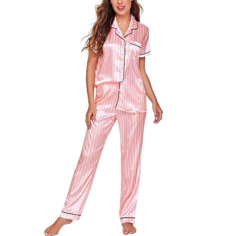 Spring Autumn pajama women Silk Satin pajamas set Long sleeve Shirt with Trouser Sleepwear Loungewear Female Pyjamas Suits Mujer