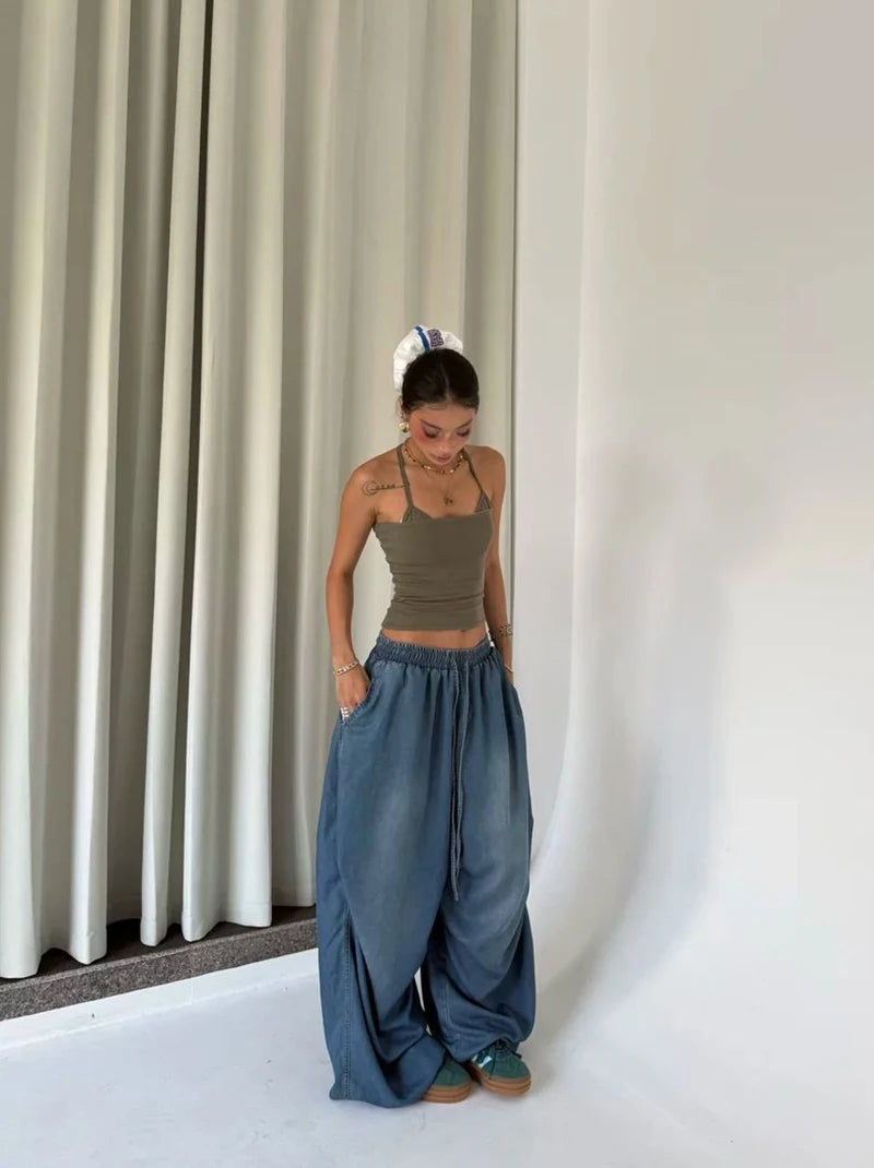 Autumn Oversized Women Wide Leg Jeans Y2K Hip Hop Streetwear Loose Denim Pants High Waist Drawstring All Match Straight Trousers