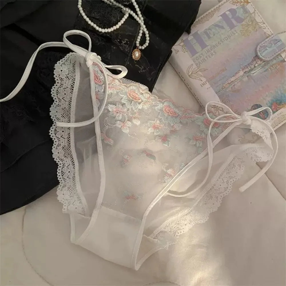 Lingerie Low Waist Embroidery Flower Panties Cotton Crotch Sweet Mesh Lace Briefs Transparent Lace-up Underwear Lady