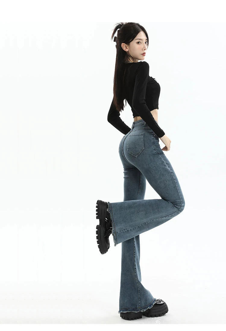 BIVIGAOS 2025 New Autumn Spring Micro Flared Jeans Women High Waist Slim Tight Retro Tassel Hem Stretch Denim Horseshoe Pants