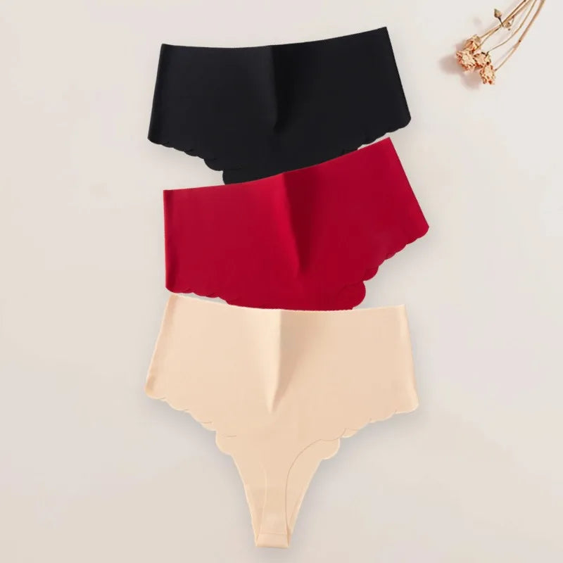 3Pcs/Set High-Waist Women's Panties Thongs Plain Slip Silk Wave Edged Fashion Seamless Female Underwear G-String for Ladies XS-L
