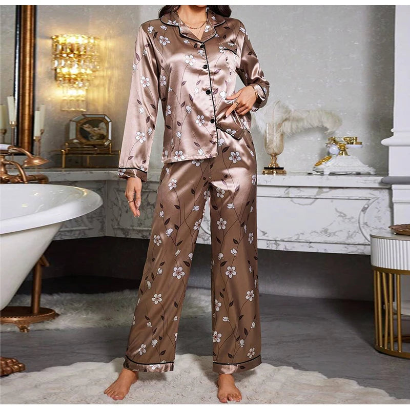 Two piece set of womens pajamas spring and autumn satin printed long sleeved top long pants casual and comfortable home suit set