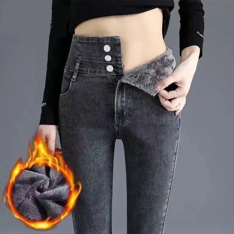 Trendyol Fashion High Waist Plus Fleece Elastic Jeans Women Clothing 2024 Winter Slim Korean Vintage Distressed Pencil Pants