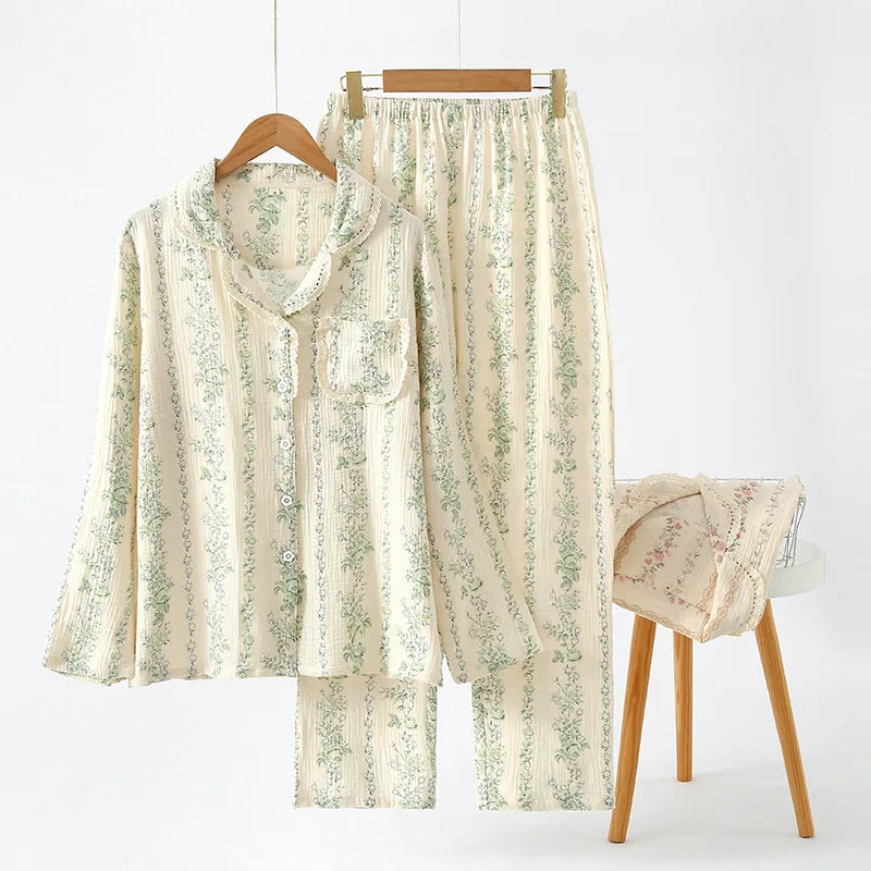 Summer women's 2-piece set of 100% pure cotton women's sleepwear bedroom set long sleeved+long pants women's sleepwear