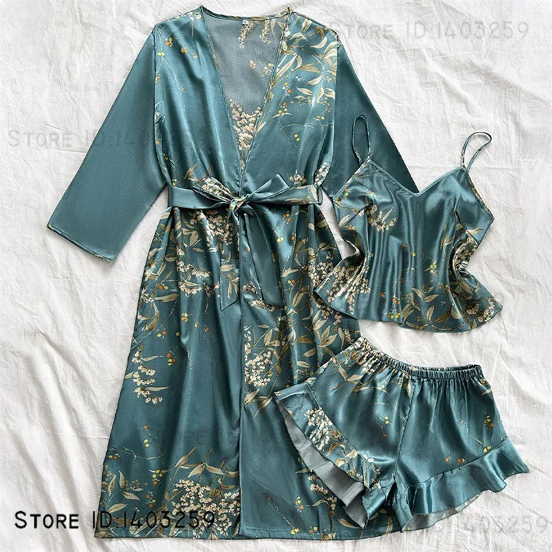 Large Size Female 3PCS Robe Pajamas Set Sexy Print Flower Kimono Batrobe Gown Spring Summer Sleepwear Homewear Satin Loungewear