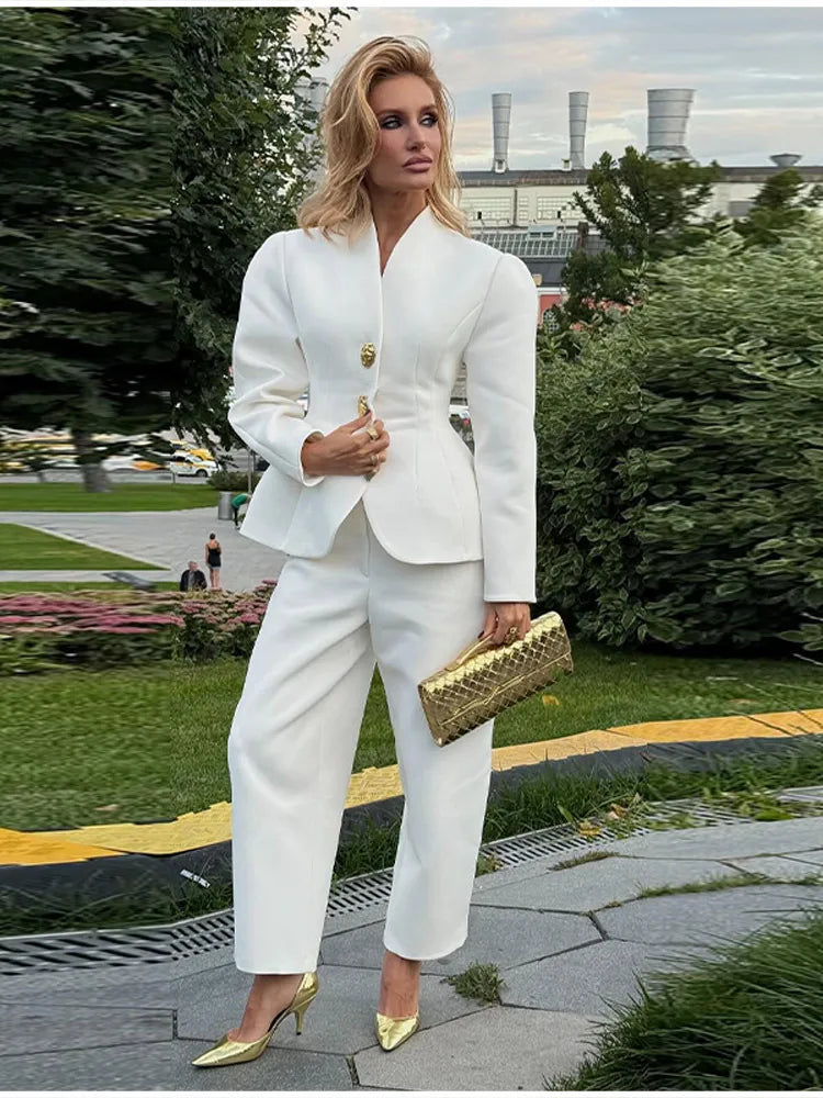 Fashion Solid V-neck Suit Casual Solid Long Sleeves Shoulder Pad Waist-cinching Pant Suit 2025 Autumn  Lady Daily Street Outfit