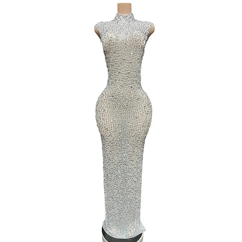 Sexy Full Drill Elastic Slim Fit Sleeveless Long Dress - Hip Wrap, For Host Stage Catwalk & Engagement Evening High-Slit Dresses