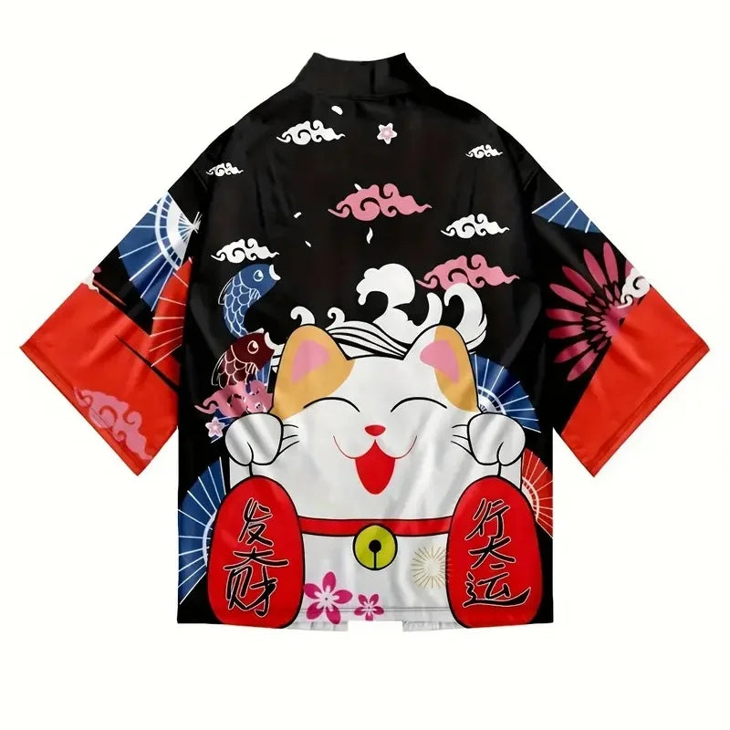 2024 New Japanese Cat Print Kimono Female Male Japanese Haoli Street Wear Cardigan Yukata Cosplay Samurai Street Fashion