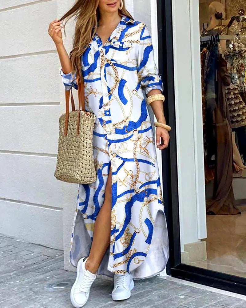 Camouflage Leopard Letters Floral Printed Dresses for Women 2025 Buttons Long Sleeve Loose Split Casual Solid Maxi Dress Robe