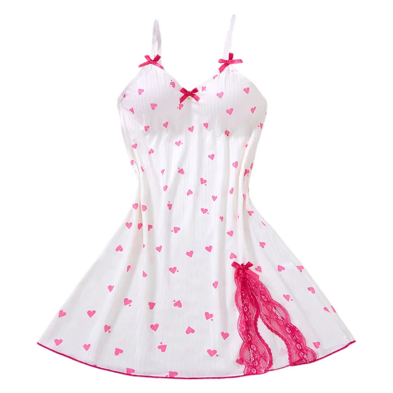 Women's Sleepwear Underwear Rose Lace Bow & Heart Print  Sleep Dress Sexy Pijamas Set  V Neck  Pajamas Mini Nightgowns Hot Dress