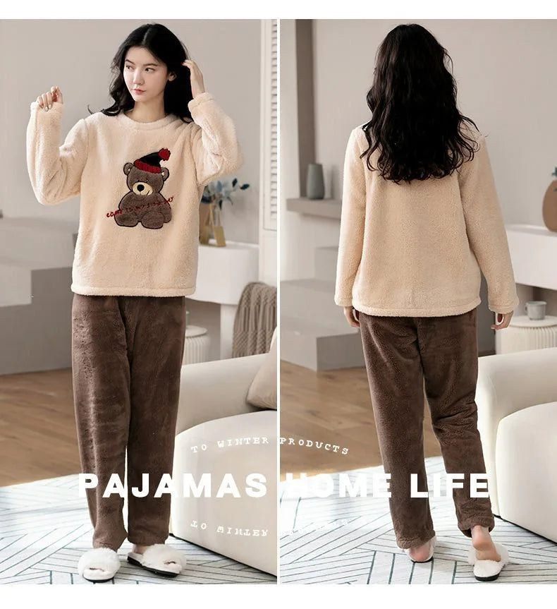 2PCS/Set Thickened Warm Fashion Autumn and Winter Pajamas Long-Sleeved Women Coral Velvet Cute Cartoon Grizzly Bear Comfortable