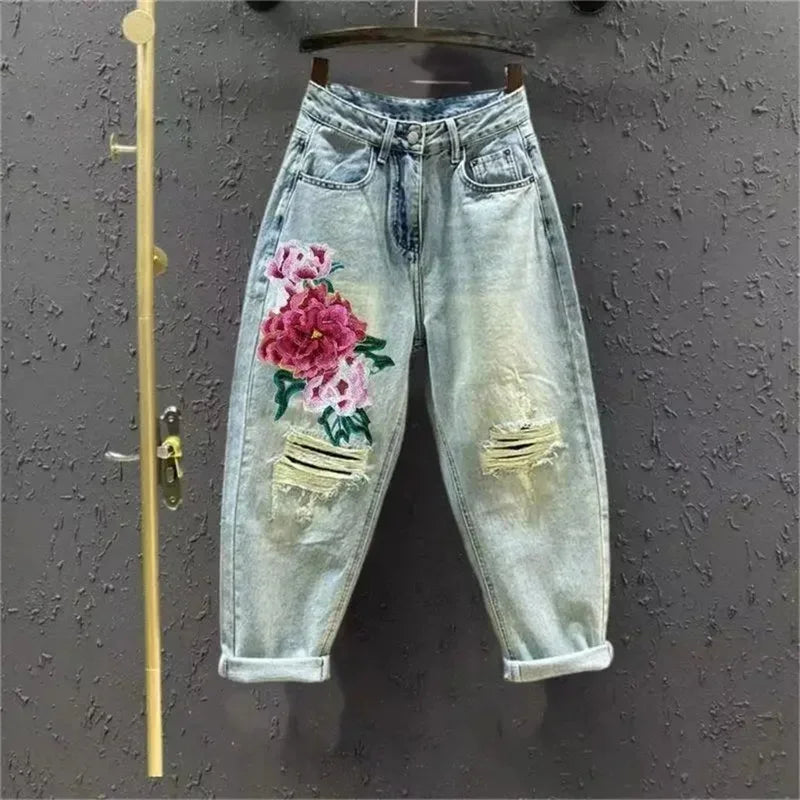 Ethnic Love Embroidered Jeans Women Elastic High Waist Cropped Harem Pants Washed Thin Summer Pants Commuter XT556