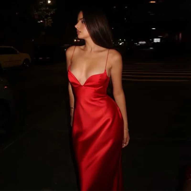 Sexy Satin Long Sling Dress Women Square Collar Sleeveless Backless Pleated Dresses Female 2026 Spring Lady Party Evening Robes